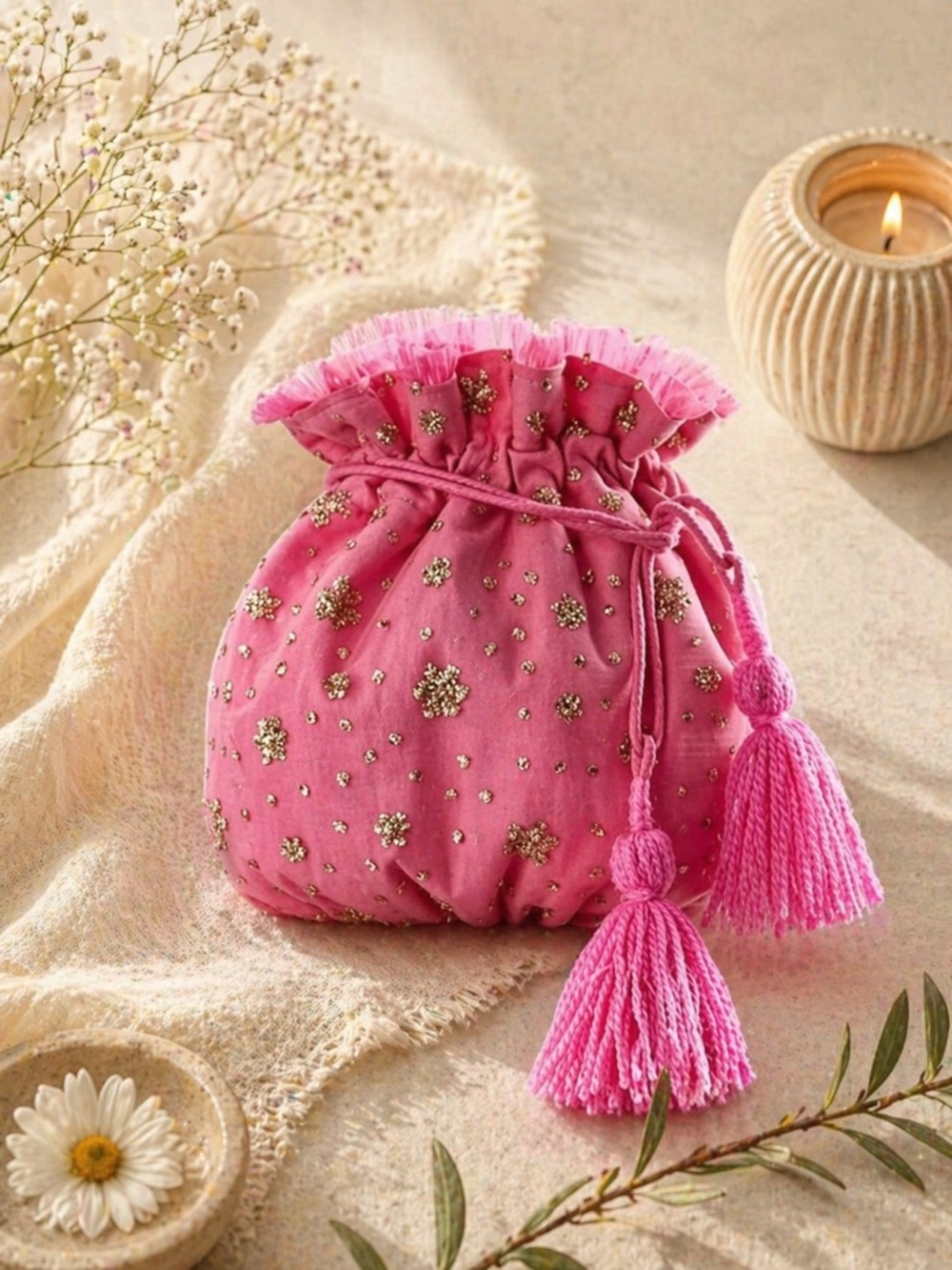 Free People Sparkle Mini Bag Pink Beaded Tassel Drawstring NWT